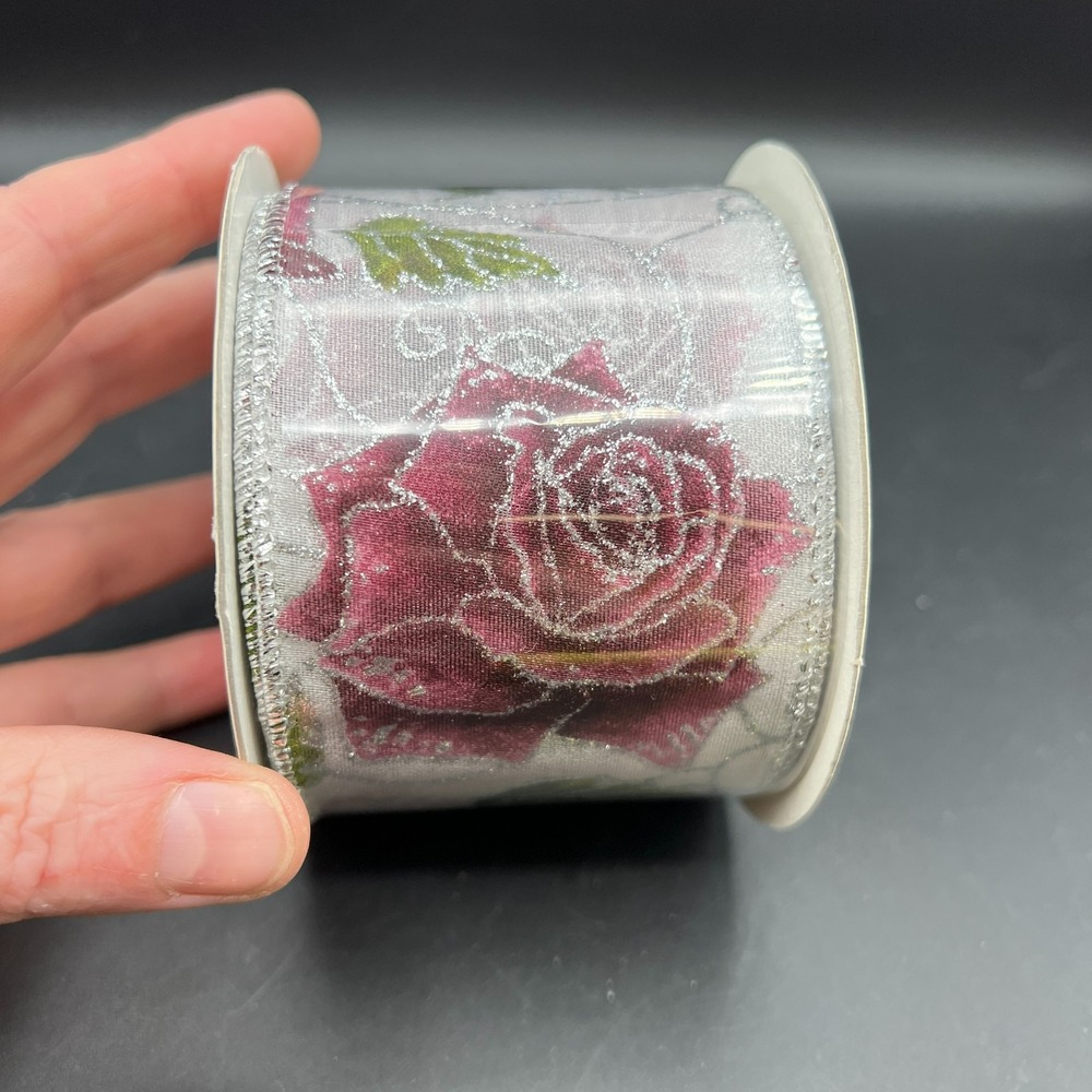 Deep Red Roses‎ Silver Glitter Wired Edge Ribbon 2.5" Roll 10 Yards NEW